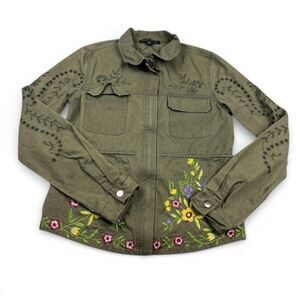 Boston Proper Utility Jacket Green Floral Embroidered Boho Casual Relaxed Fit XS